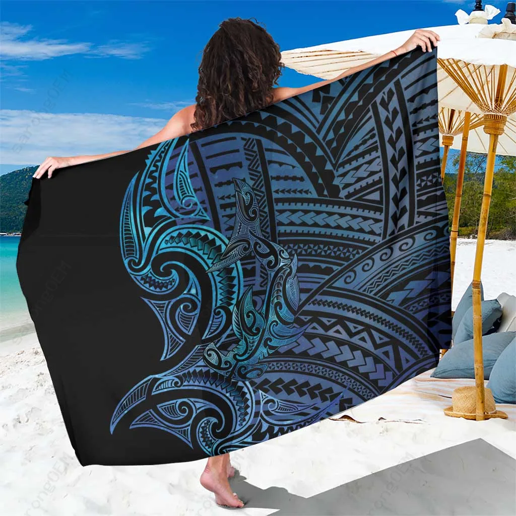 Blue-Black Hammerhead Shark Maori Haehae Mangopare Print Sarong South Pacific Tribal Beach Wrap Wholesale Pareo - main view