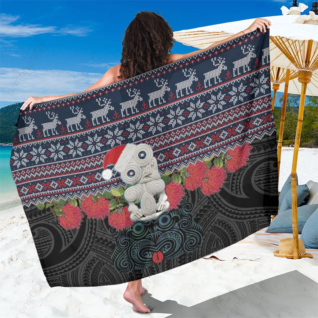 Black Tiki Christmas Polynesian Pattern Sarong Beach Wrap Holiday Resort Cover Up Wholesale Pareo - main view