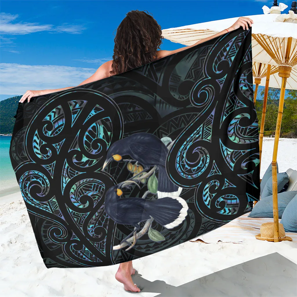 Cream White Huia Bird Paua Shell Maori Pattern Print Sarong South Pacific Beach Wrap Wholesale Pareo - main view