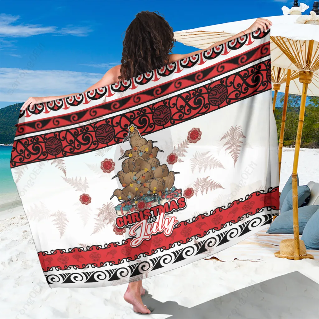 White Christmas Sarong with Maori Kiwi Xmas Tree Print New Zealand South Pacific Beach Wrap Wholesale Pareo - main view