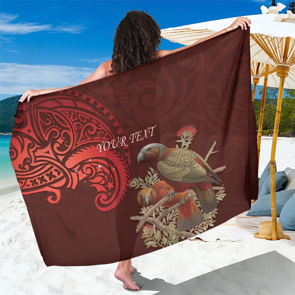 Red New Zealand Kaka Bird Pohutukawa Matariki Maori Pattern Print Sarong Beach Wrap Polynesian Resort Cover Up Wholesale Pareo - main view