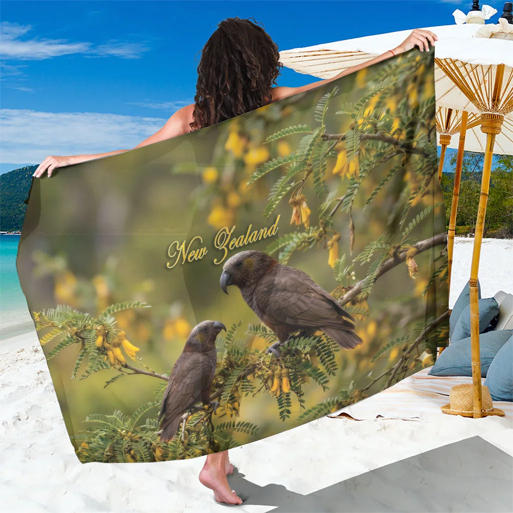 Cream White New Zealand Kaka Bird Kowhai Flower Landscape Print Sarong South Pacific Tropical Beach Wrap Wholesale Pareo - main view