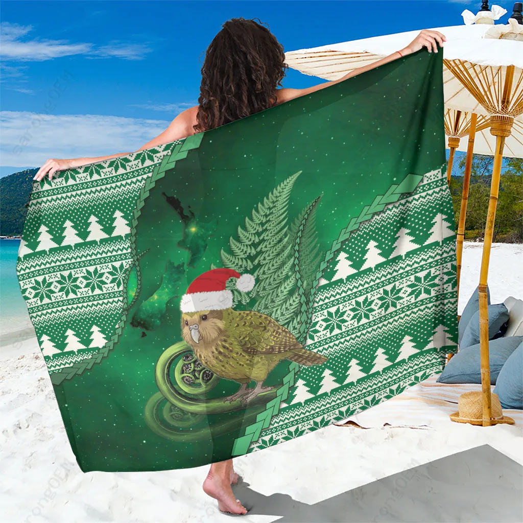 Christmas Green Silver Fern Kakapo Santa Snowman Print Sarong New Zealand Style Beach Wrap Wholesale Pareo