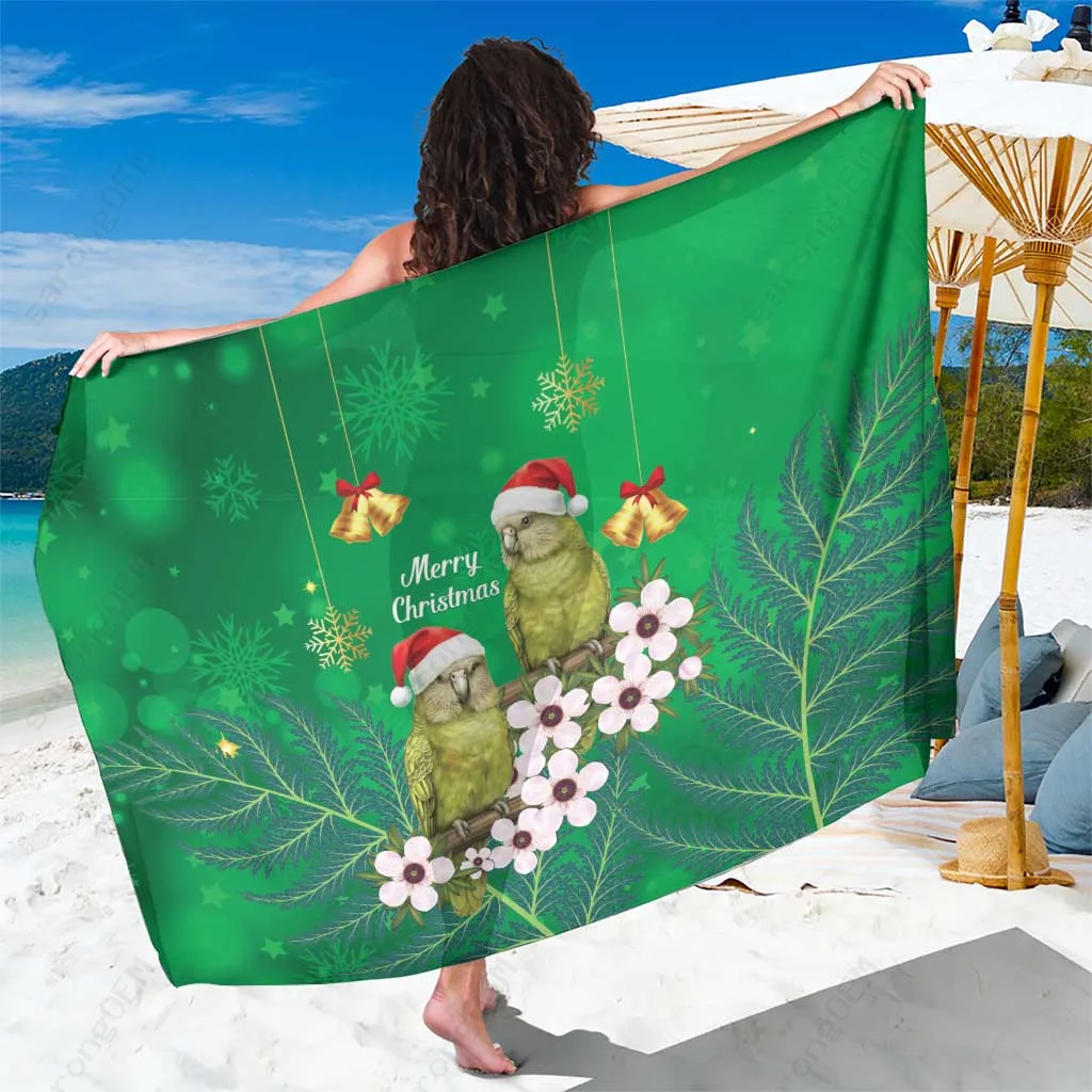 Christmas Green Kakapo Owl Silver Fern Manuka Print Sarong Beach Wrap New Zealand Cultural Island Holiday Pareo Wholesale