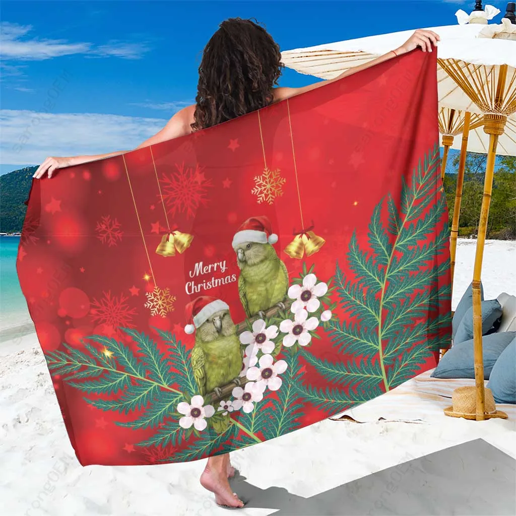 Red Christmas Sarong with Kakapo Owl Parrot Silver Fern Manuka Print Polynesian Beach Wrap Wholesale Pareo