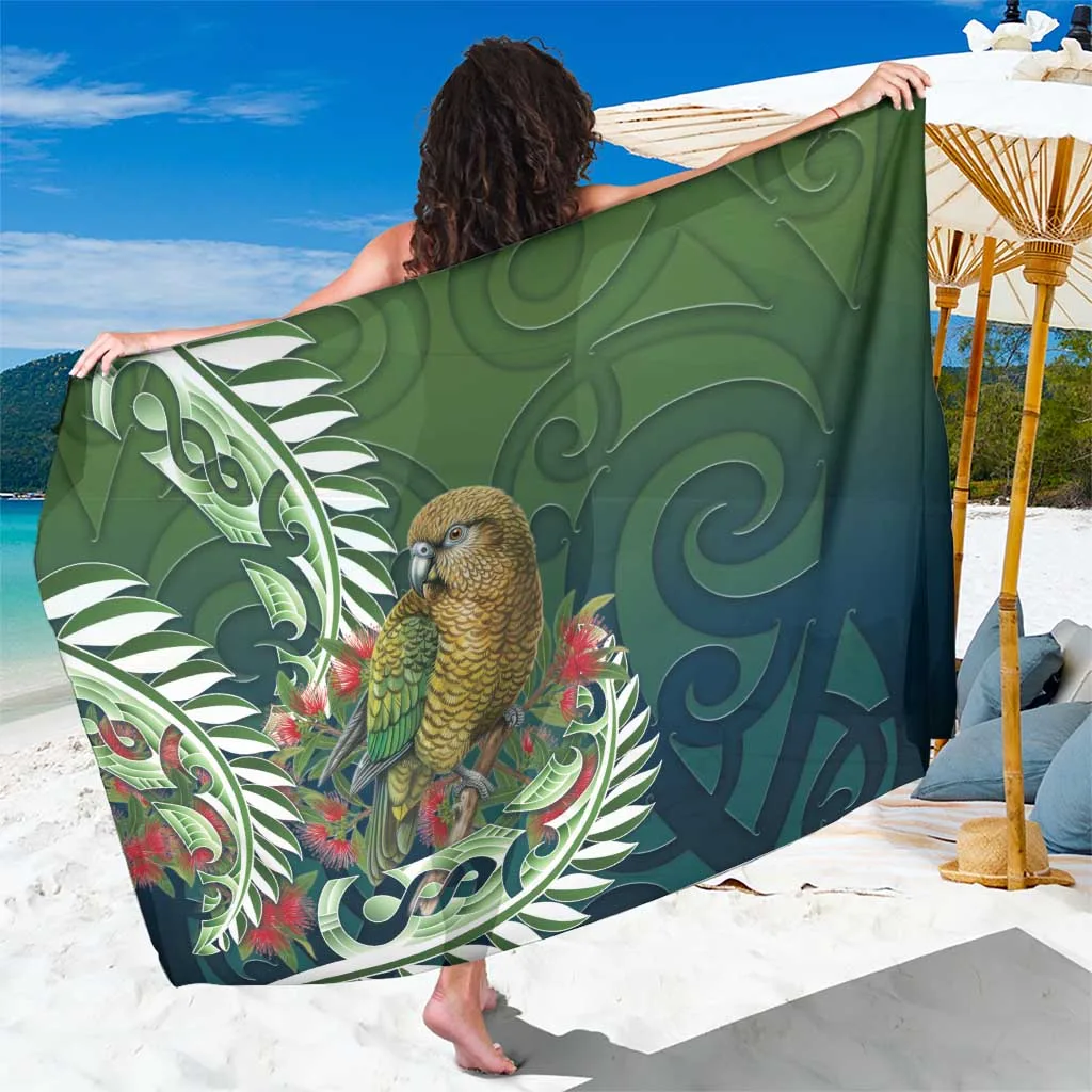 Blue Green New Zealand Kea Bird Maori Koru Fern Print Sarong Beach Wrap Polynesian Resort Cover Up Wholesale Pareo - main view