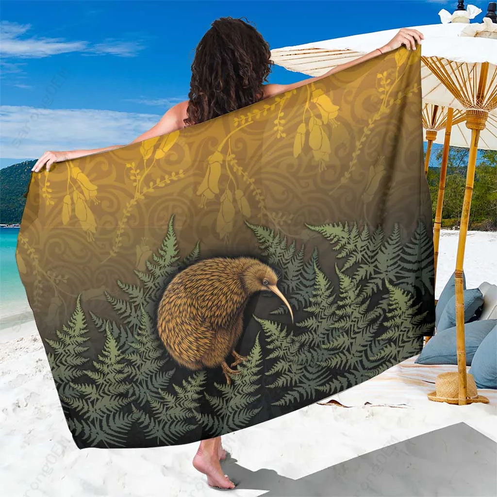 Silver New Zealand Kiwi Bird Silver Fern Maori Pattern Print Sarong South Pacific Island Beach Cover Up Wholesale Pareo - main view