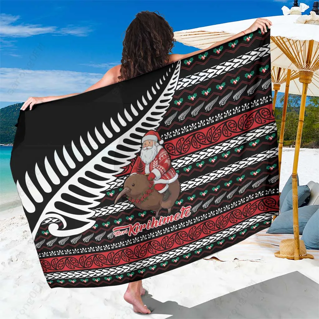 Red Green Kiwi Santa Christmas Print Sarong New Zealand Holiday Beach Wrap Pareo Wholesale - main view