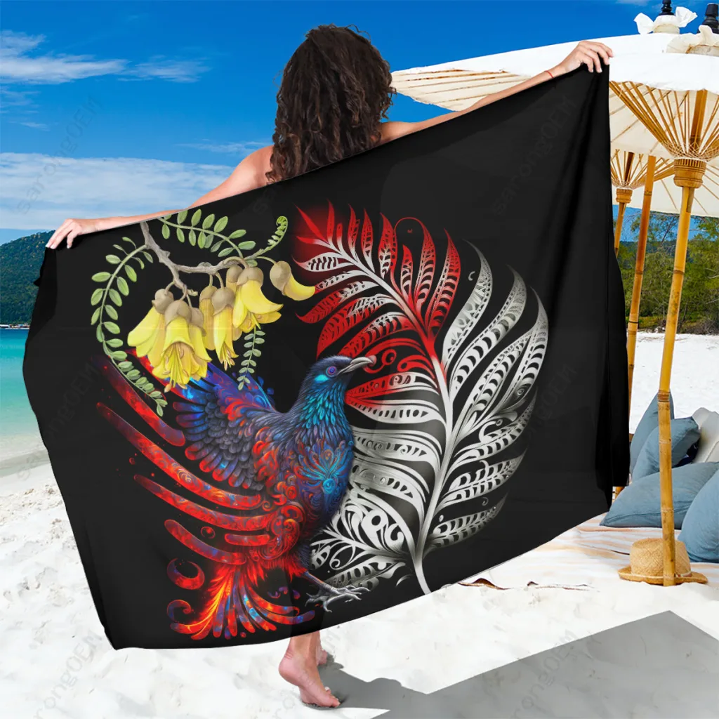 Silver Grey NZ Tui Bird Silver Fern Print Sarong Beach Wrap Polynesian Island Resort Cover Up Wholesale Pareo - related