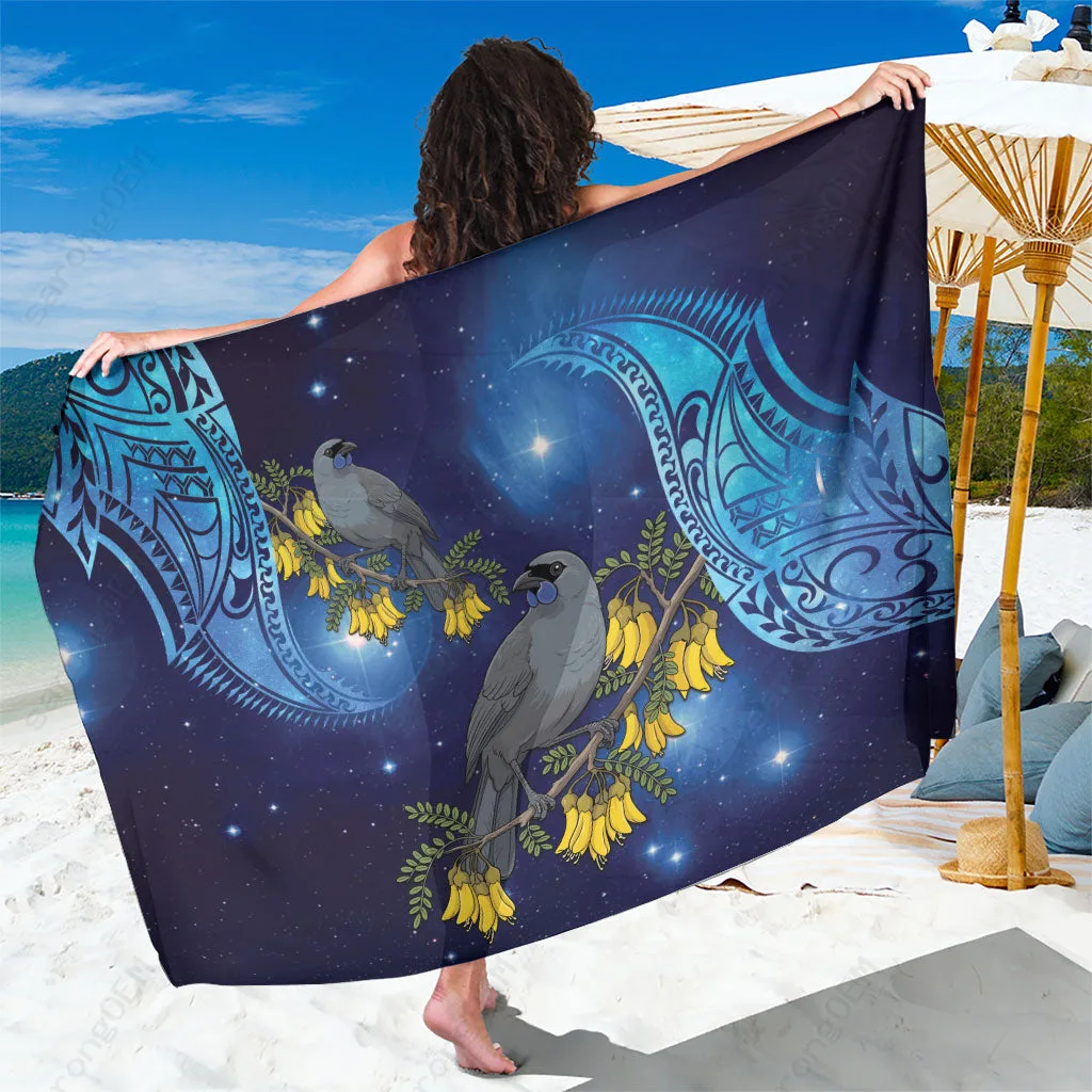 Black Kowhai Galaxy Kokako Bird Polynesian Pattern Print Sarong Beach Wrap Pareo Wholesale - main view
