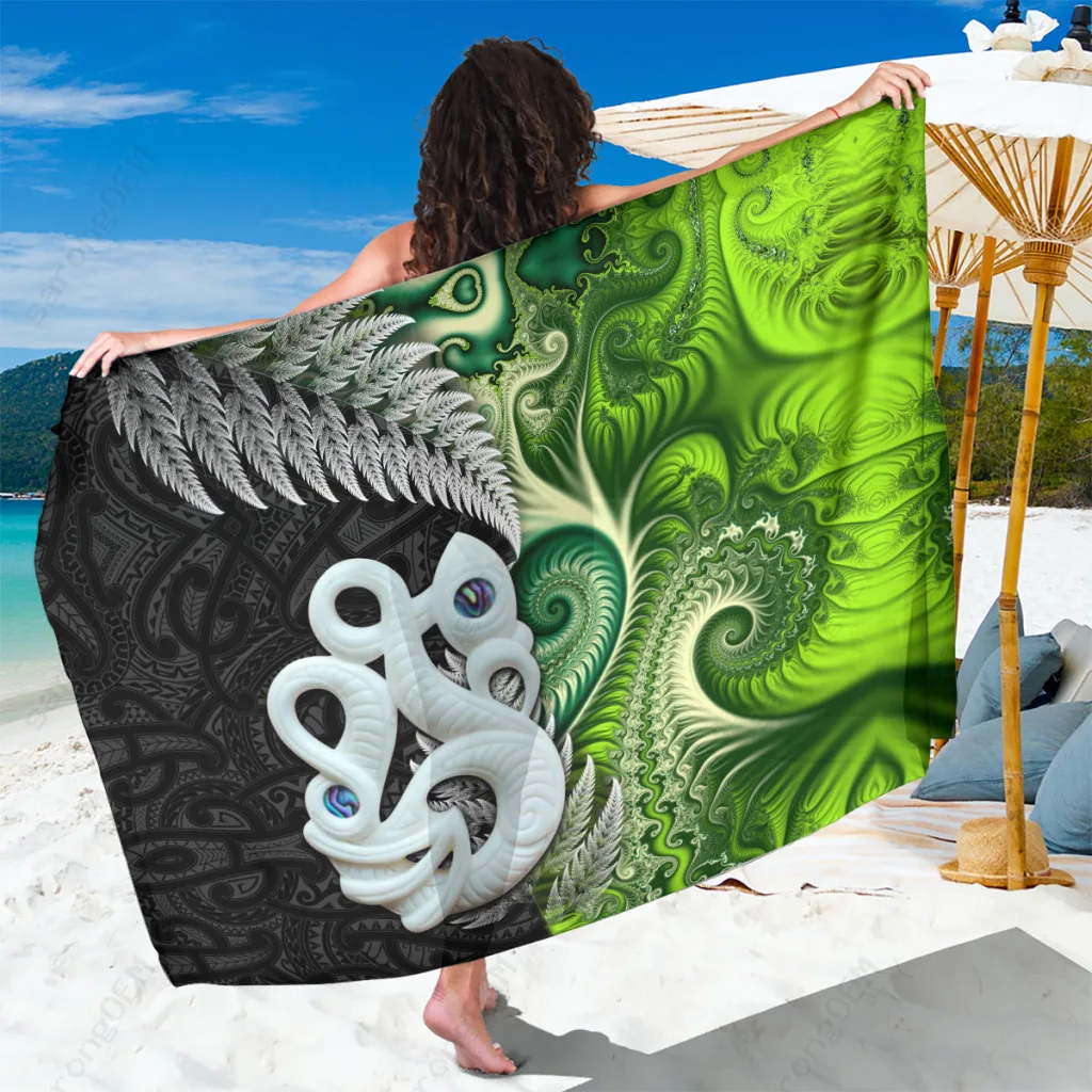 Silver Koru Manaia Silver Fern Print Sarong Maori Style Beach Wrap Wholesale Pareo - main view
