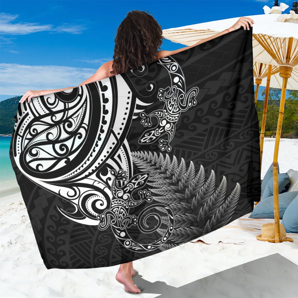 Silver New Zealand Lizard Silver Fern Aotearoa Maori Print Sarong Beach Wrap Polynesian Island Resort Cover Up Wholesale Pareo - main view