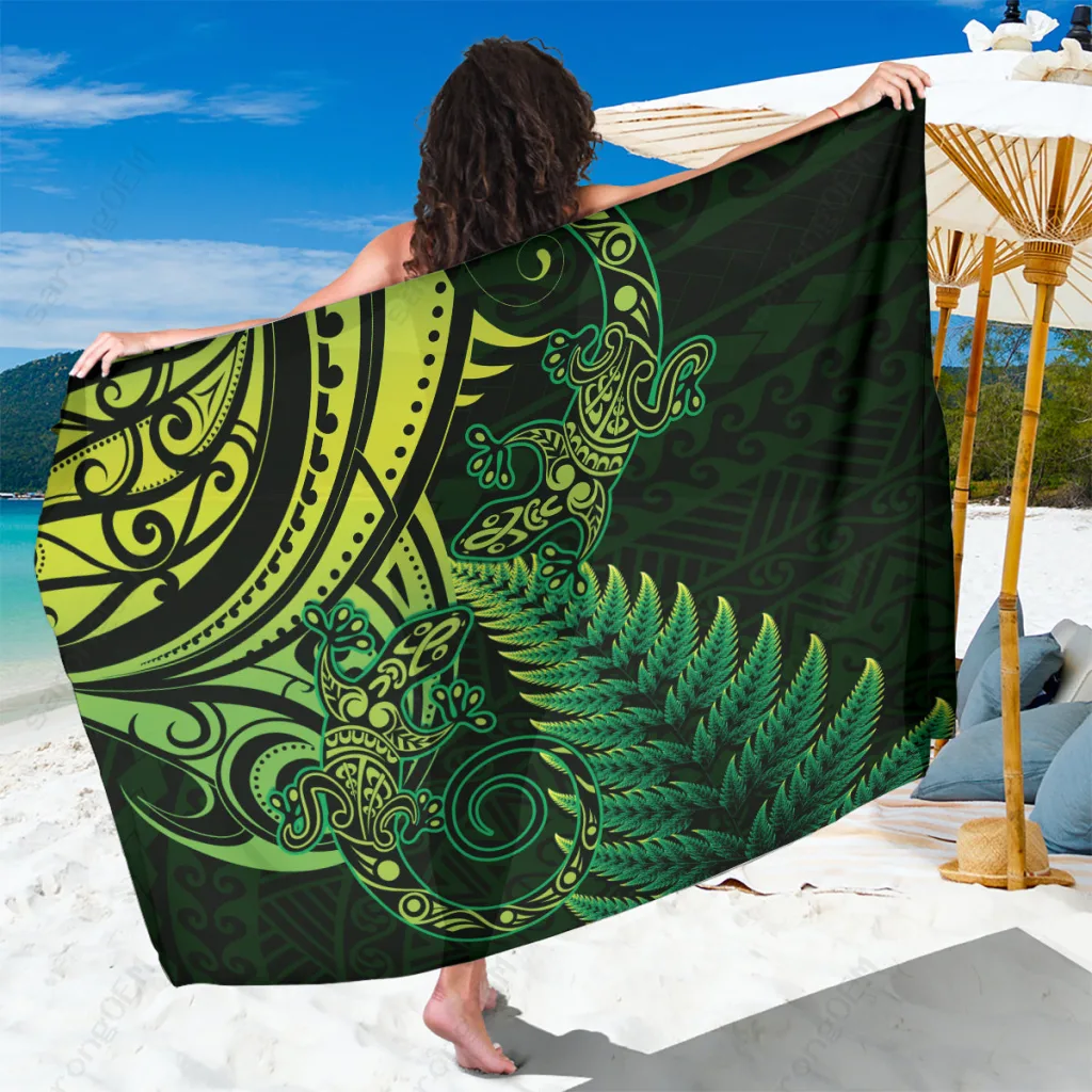 Green Silver Fern Maori Lizard Print Sarong New Zealand Aotearoa Polynesian Beach Wrap Wholesale Pareo - main view
