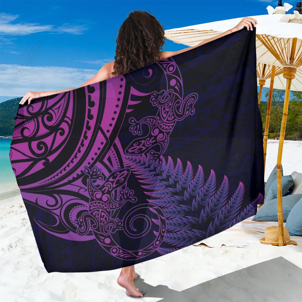 Purple Silver Fern Maori Lizard Print Sarong Aotearoa New Zealand Tribal Beach Wrap Wholesale Pareo - main view