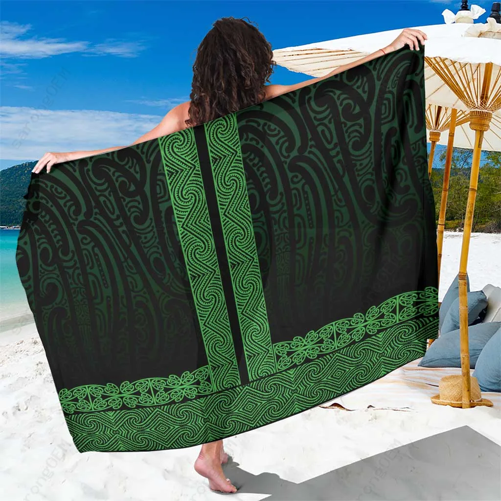 Black White Maori Kowhaiwhai Spiral Print Sarong Beach Wrap Polynesian Island Cover Up Wholesale Pareo - main view