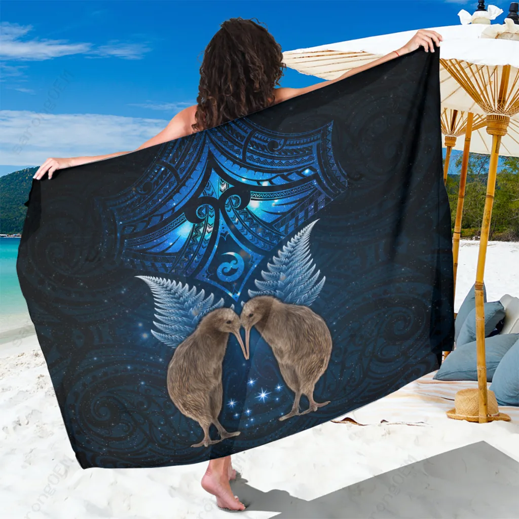 Silver Maori Kiwi Bird Silver Fern Print Sarong Polynesian Style Beach Wrap Cover Up Wholesale Pareo