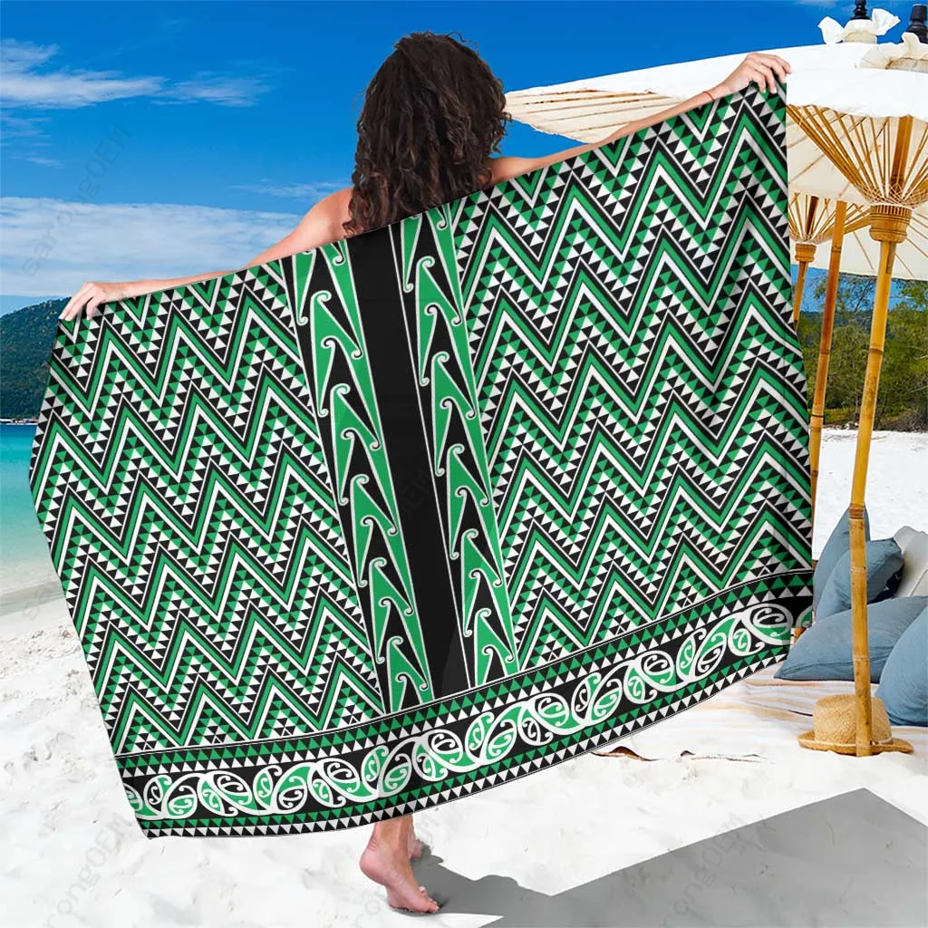 Green Maori Niho Taniwha Mangopare Puhoro Print Sarong Tribal Beach Wrap Polynesian Style Resort Cover Up Wholesale Pareo - main view