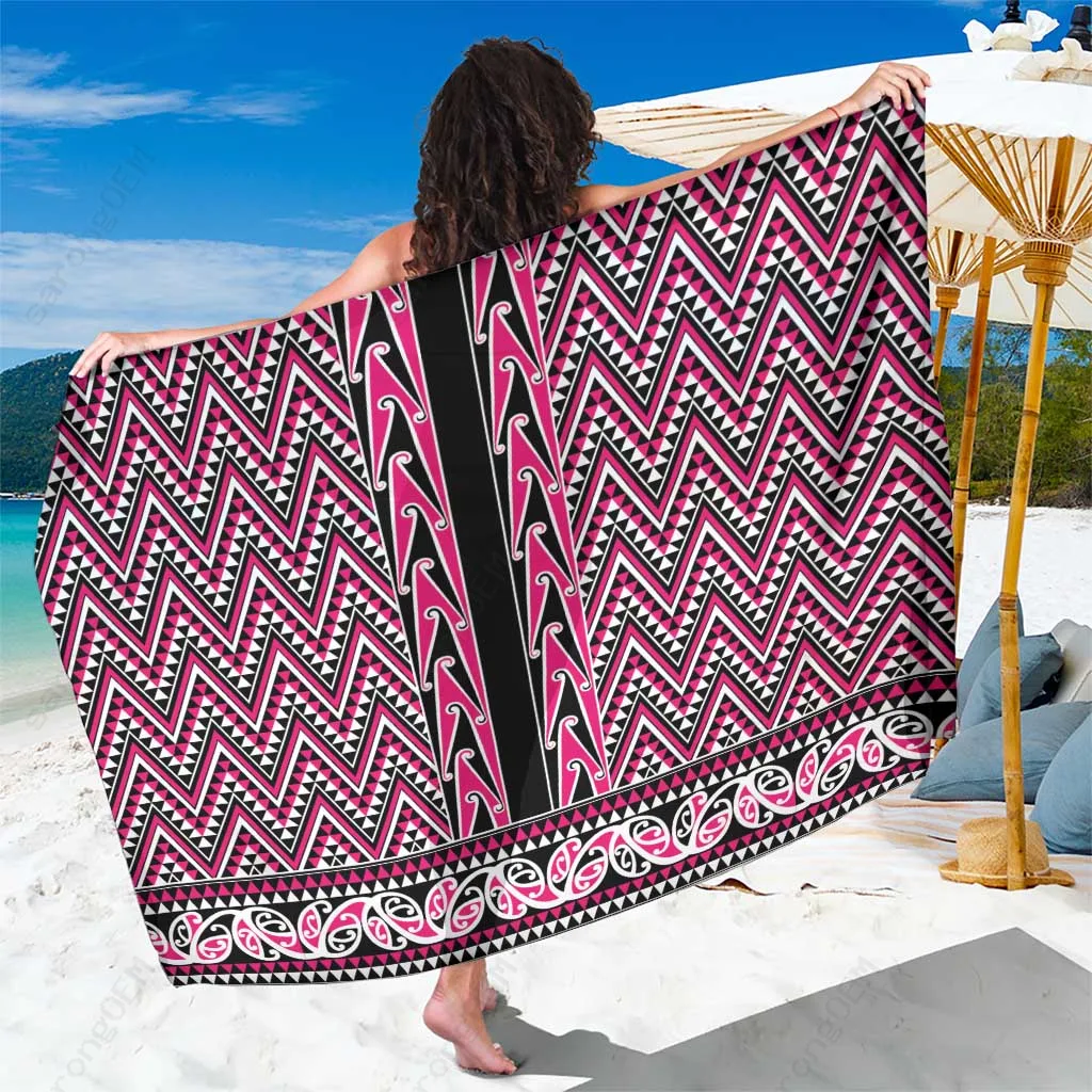 Pink Maori Niho Taniwha Shark Teeth Mangopare & Puhoro Spiral Print Sarong Polynesian Island Beach Wrap Wholesale Pareo - main view