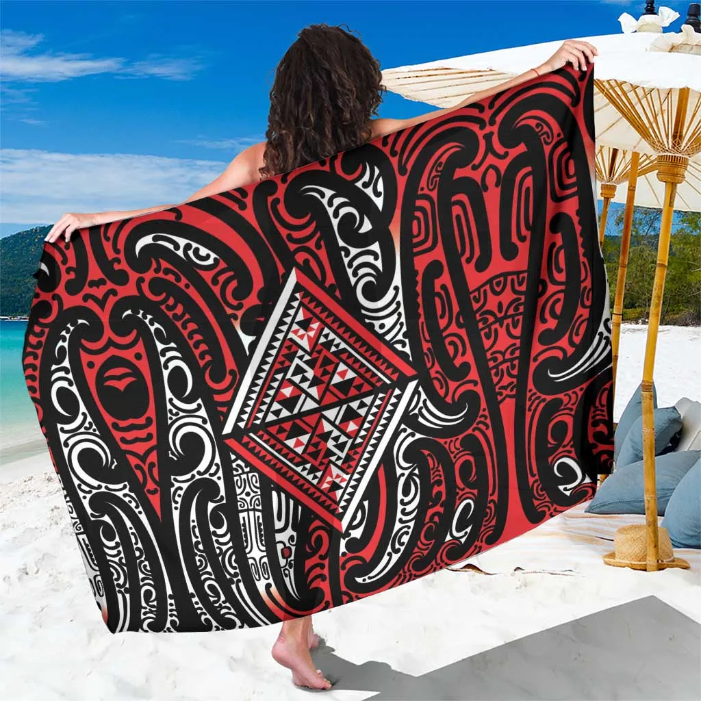 Red Maori Taniko Kowhaiwhai Puhoro Print Sarong Polynesian Beach Wrap Pareo Resort Cover Up Wholesale - main view