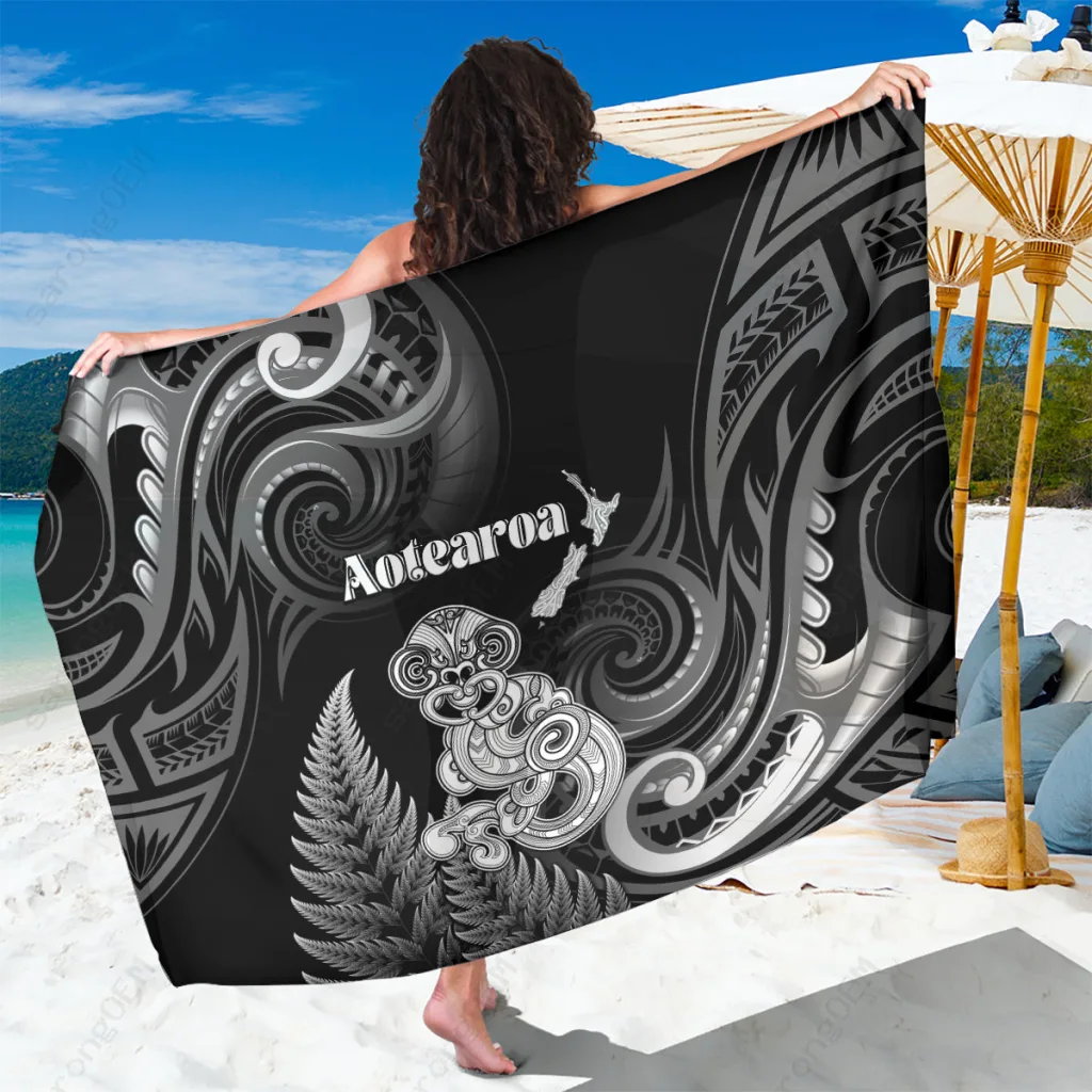 Black Maori Taniwha Silver Fern Print Sarong South Pacific Tribal Beach Wrap Wholesale Pareo - main view