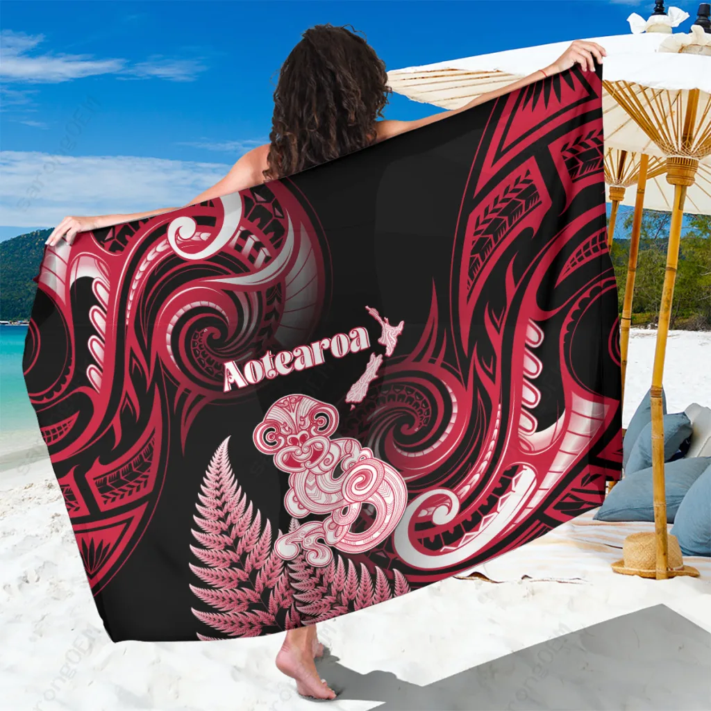 Red Silver Fern Taniwha Maori Print Sarong Polynesian Beach Wrap Wholesale Pareo - main view