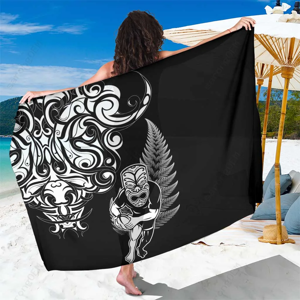 Silver Fern Maori Warrior Rugby Sarong Print Viscose Rayon Beach Wrap Polynesian Tribal Style Wholesale Pareo - main view