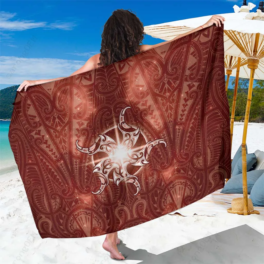 Red Galaxy Maori Moko Pohutukawa Print Sarong Beach Wrap Polynesian Resort Pareo Wholesale - main view