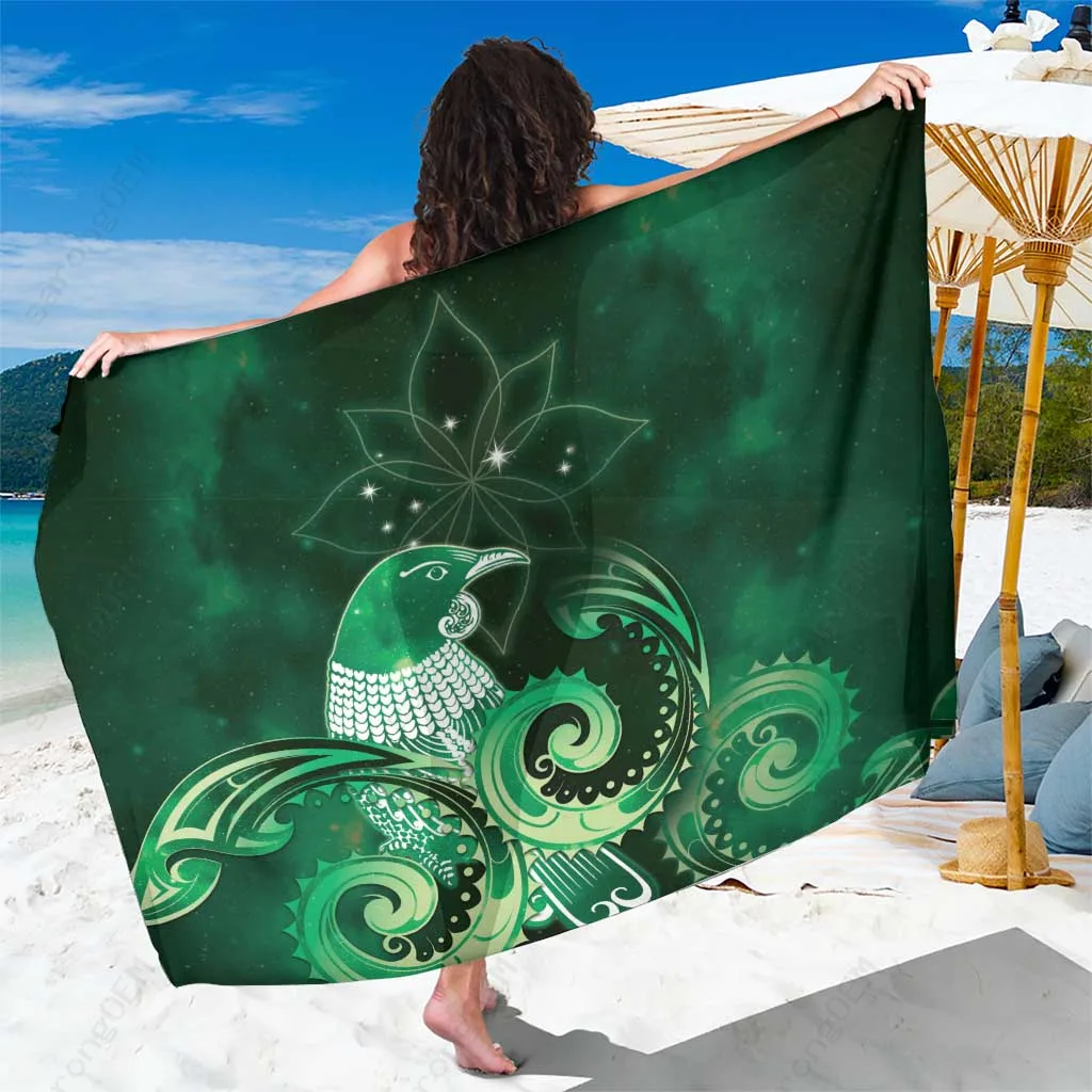 Green Maori Tui Bird Galaxy Print Sarong Polynesian Beach Wrap Resort Cover Up Wholesale Pareo