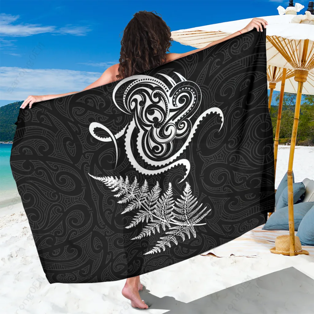 Black Octopus Tattoo & Fern Maori Pattern Sarong Polyester Beach Wrap South Pacific Resort Cover Up Wholesale Pareo - main view
