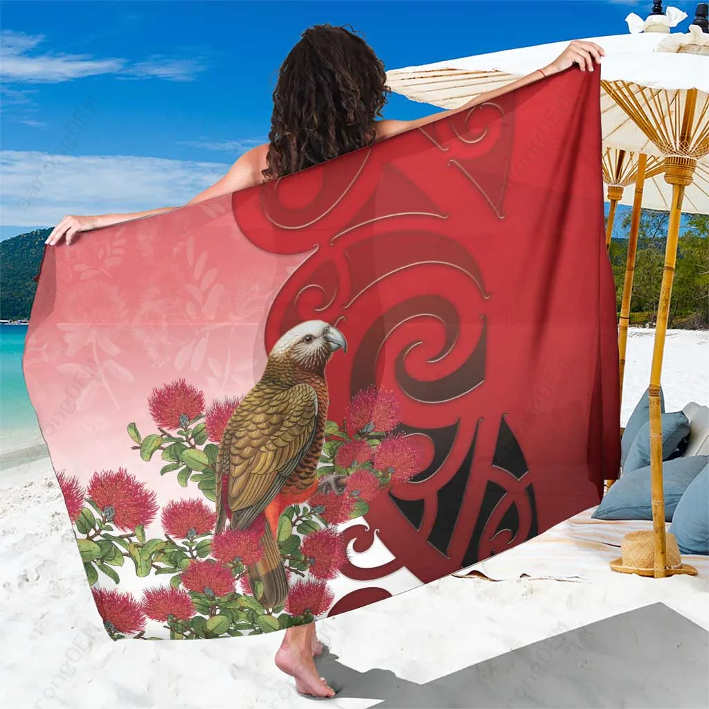 New Zealand Kaka Parrot Maori Koru Pohutukawa Floral Print Sarong Beach Wrap Polynesian Tribal Island Cover Up Wholesale Pareo