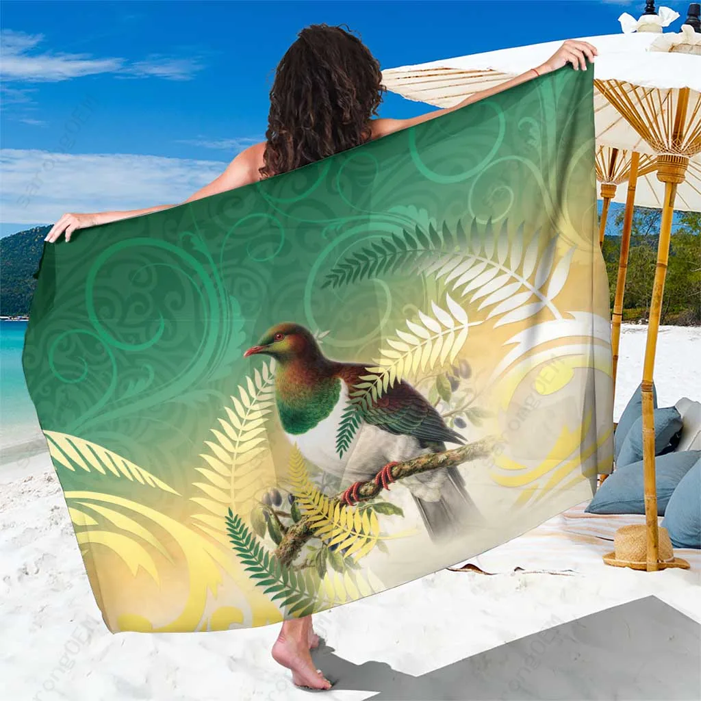 Green Gradient New Zealand Pigeon Kereru Maori Fern Art Print Sarong South Pacific Tropical Beach Wrap Wholesale Pareo - main view