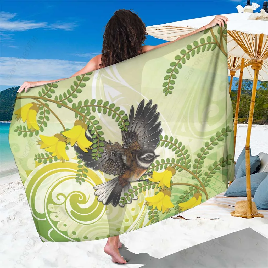 Floral Piwakawaka Fantail Bird Kowhai Flower Print Sarong South Pacific Tropical Beach Cover Up Wholesale Pareo - main view