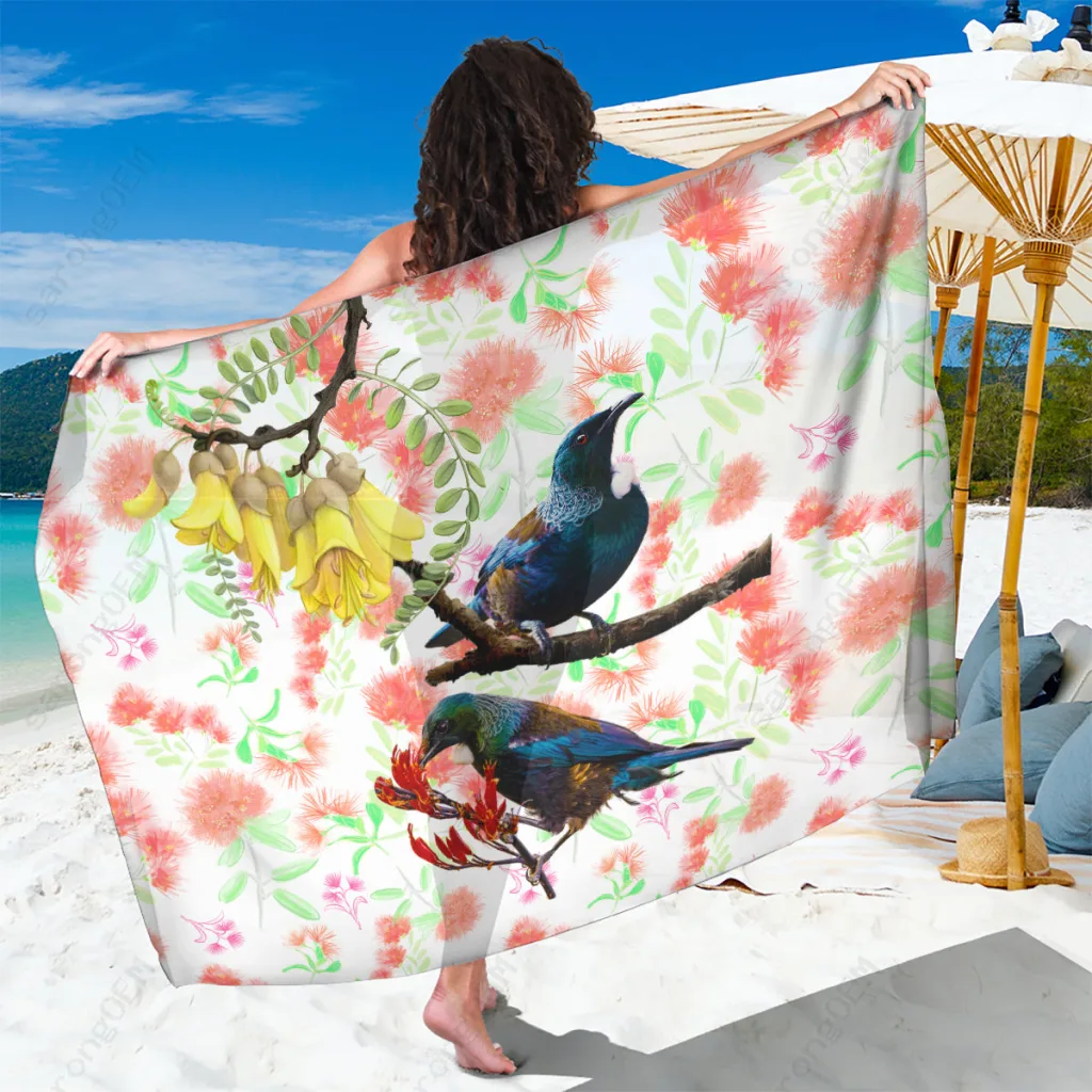 Red Pohutukawa Tui Bird Floral Print Sarong Beach Wrap South Pacific Island Cover Up Wholesale Pareo