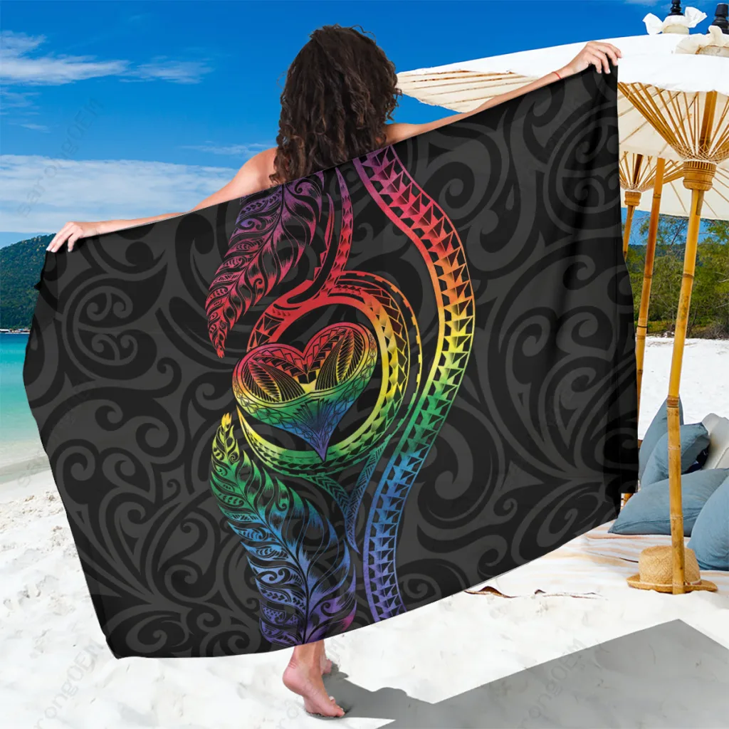 Rainbow Fern Silver Fern Tribal Print Sarong New Zealand Maori Culture Beach Wrap Wholesale Pareo - main view