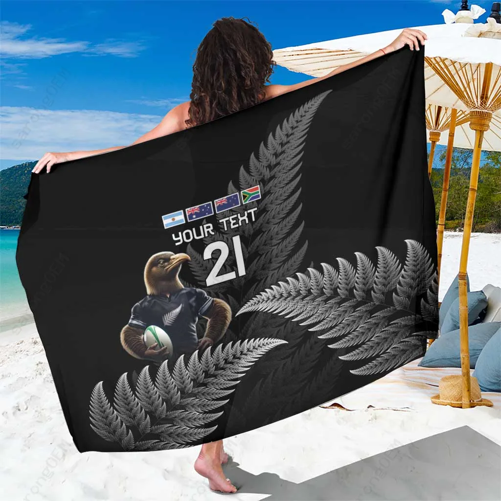 Black Silver Fern Tribal Pattern Print Sarong New Zealand Rugby Style Beach Wrap Custom OEM Pareo - main view