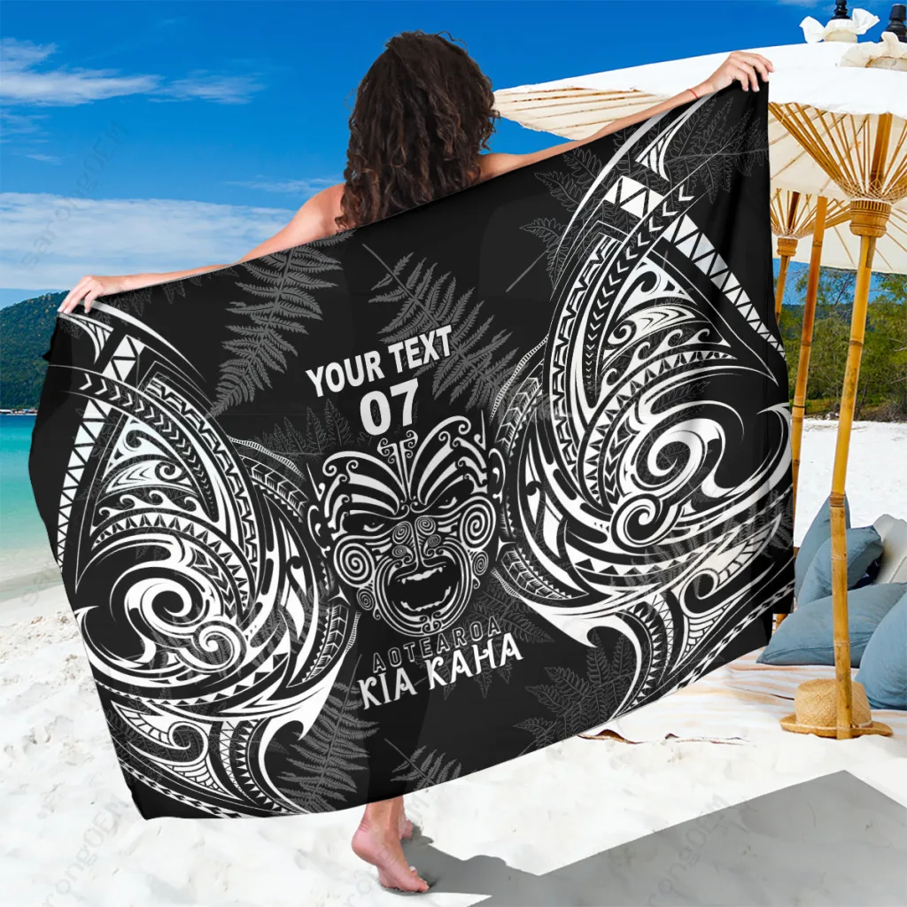 Black New Zealand All Blacks Silver Fern Tribal Print Sarong Rugby World Cup 2023 Aotearoa Beach Wrap Pareo Wholesale - main view