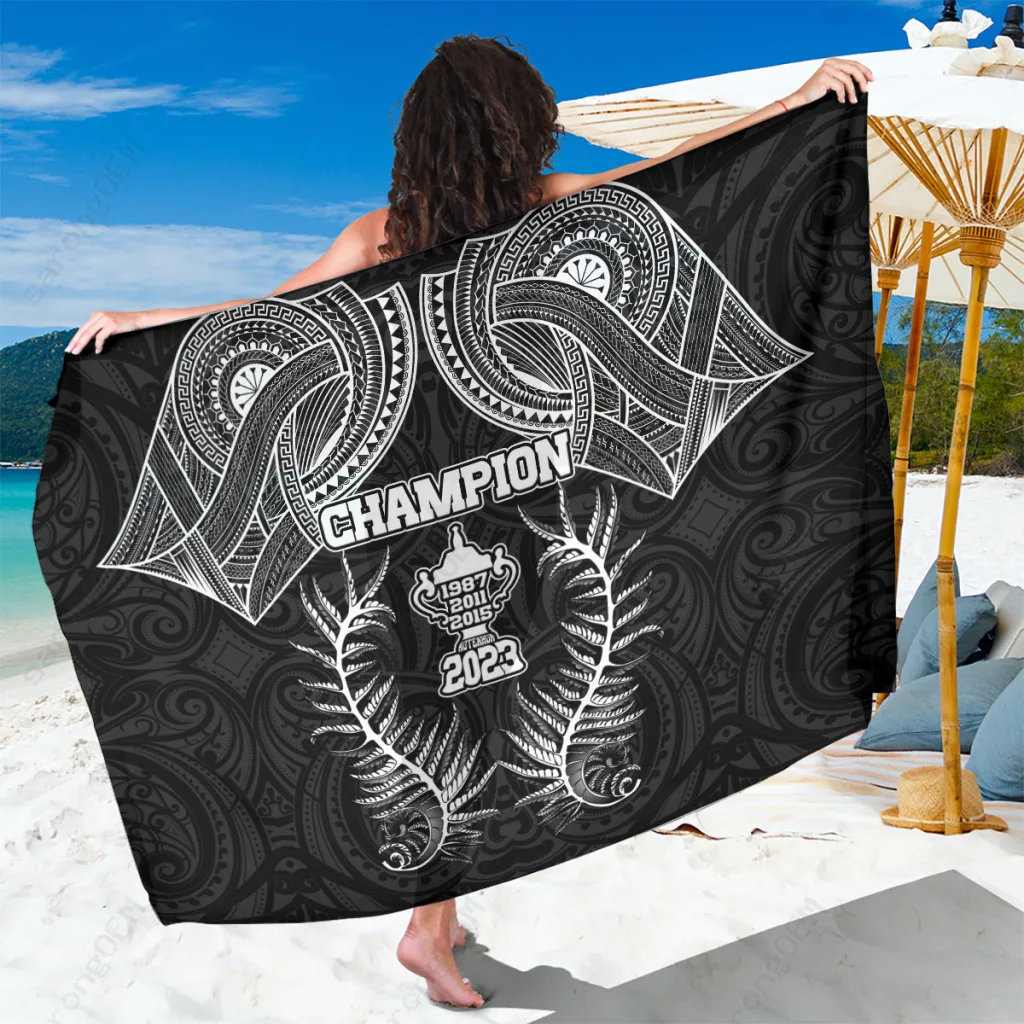 Silver Grey New Zealand Rugby Sarong with Silver Fern & Champion Cup Print, Polynesian Beach Wrap for Resort Wear, Wholesale Pareo - main view