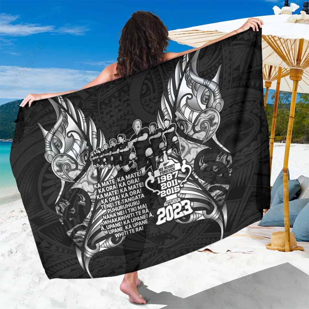 Black New Zealand Haka Rugby Champions History Tribal Print Sarong Beach Wrap Polynesian Style Cover Up Wholesale Pareo