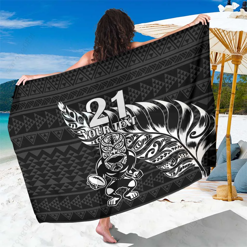 Black Taniko Motif Custom Sarong New Zealand Rugby Warrior Beach Wrap Pareo Wholesale - main view