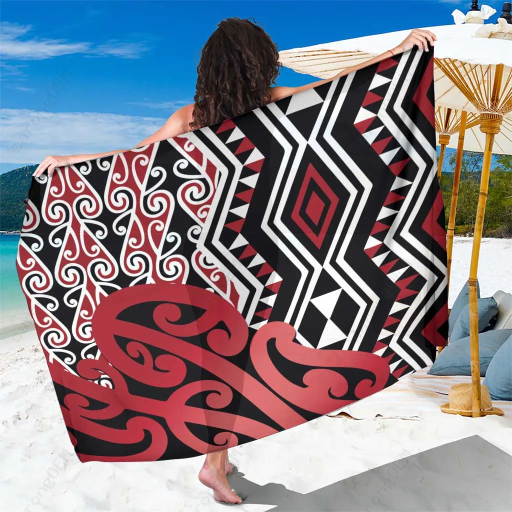 Red New Zealand Maori Kowhaiwhai Taniko Art Print Sarong South Pacific Beach Wrap Resort Cover Up Wholesale Pareo - related