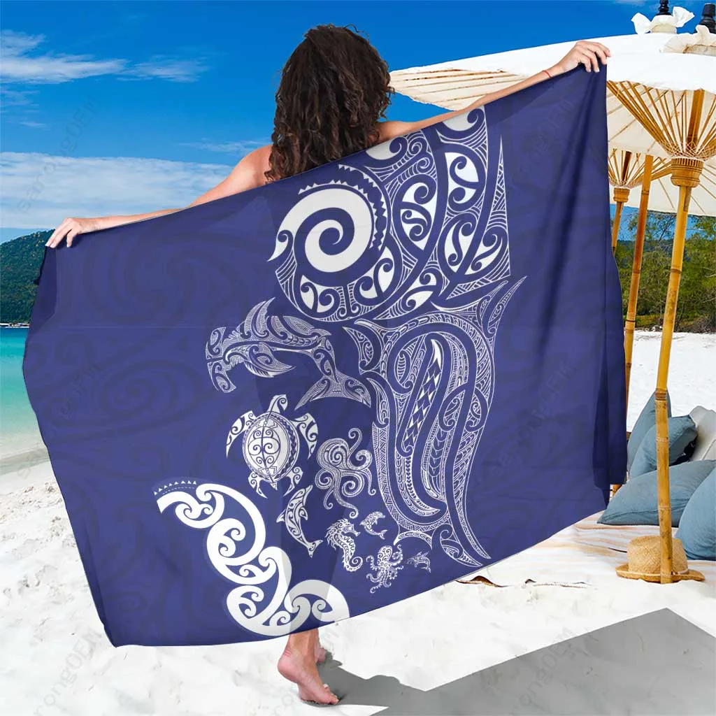Deep Blue Maori Tribal Tattoo Sea Animals Sarong Beach Wrap Polynesian Pareo Wholesale - related