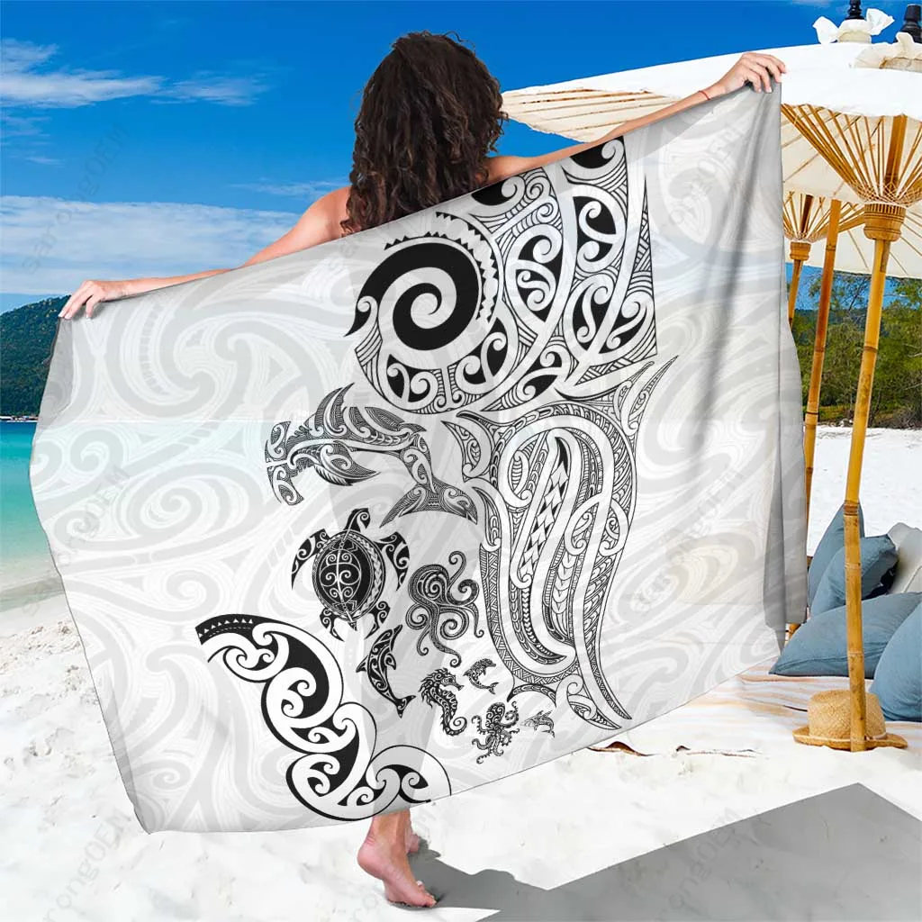 White Maori Tribal Tattoo New Zealand Sea Animals Print Sarong Polynesian Beach Wrap Wholesale Pareo - main view