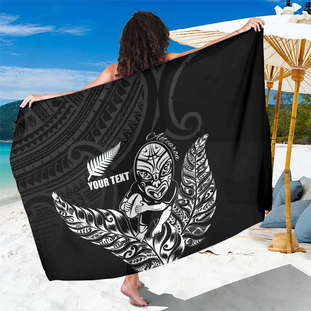 Black Tiki Silver Fern Print Sarong Polynesian Tribal Beach Wrap Wholesale Pareo Custom - main view