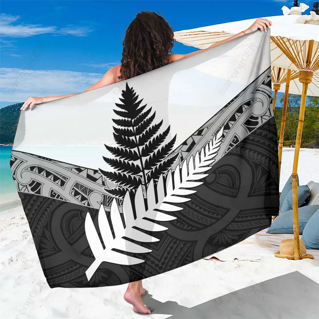 Silver New Zealand Silver Fern Maori Koru Taniko Print Sarong Beach Wrap Polynesian Resort Cover Up Wholesale Pareo - main view