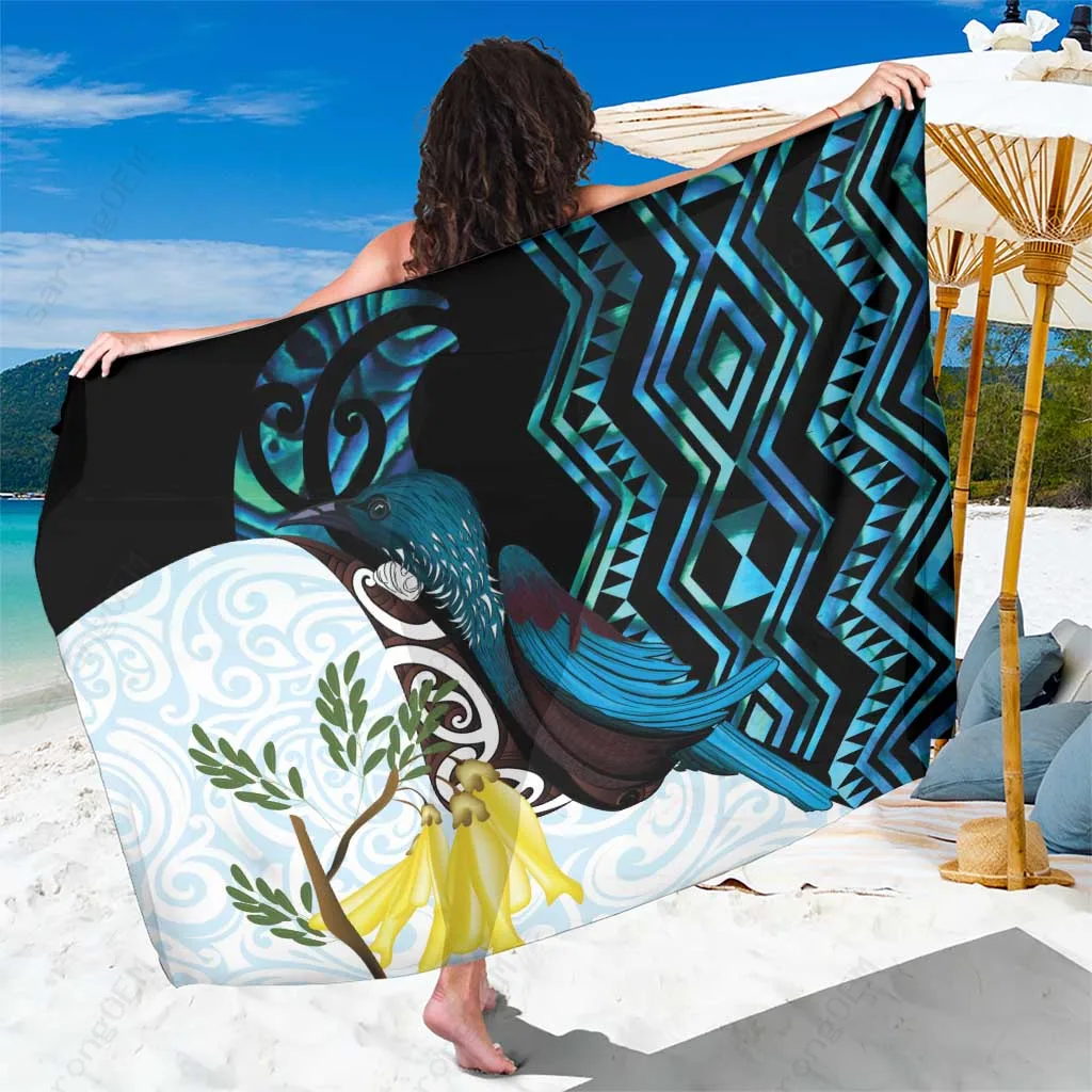Silver New Zealand Silver Fern Tui Bird Paua Shell Taniko Print Sarong Maori Tribal Beach Wrap Pareo Wholesale - main view