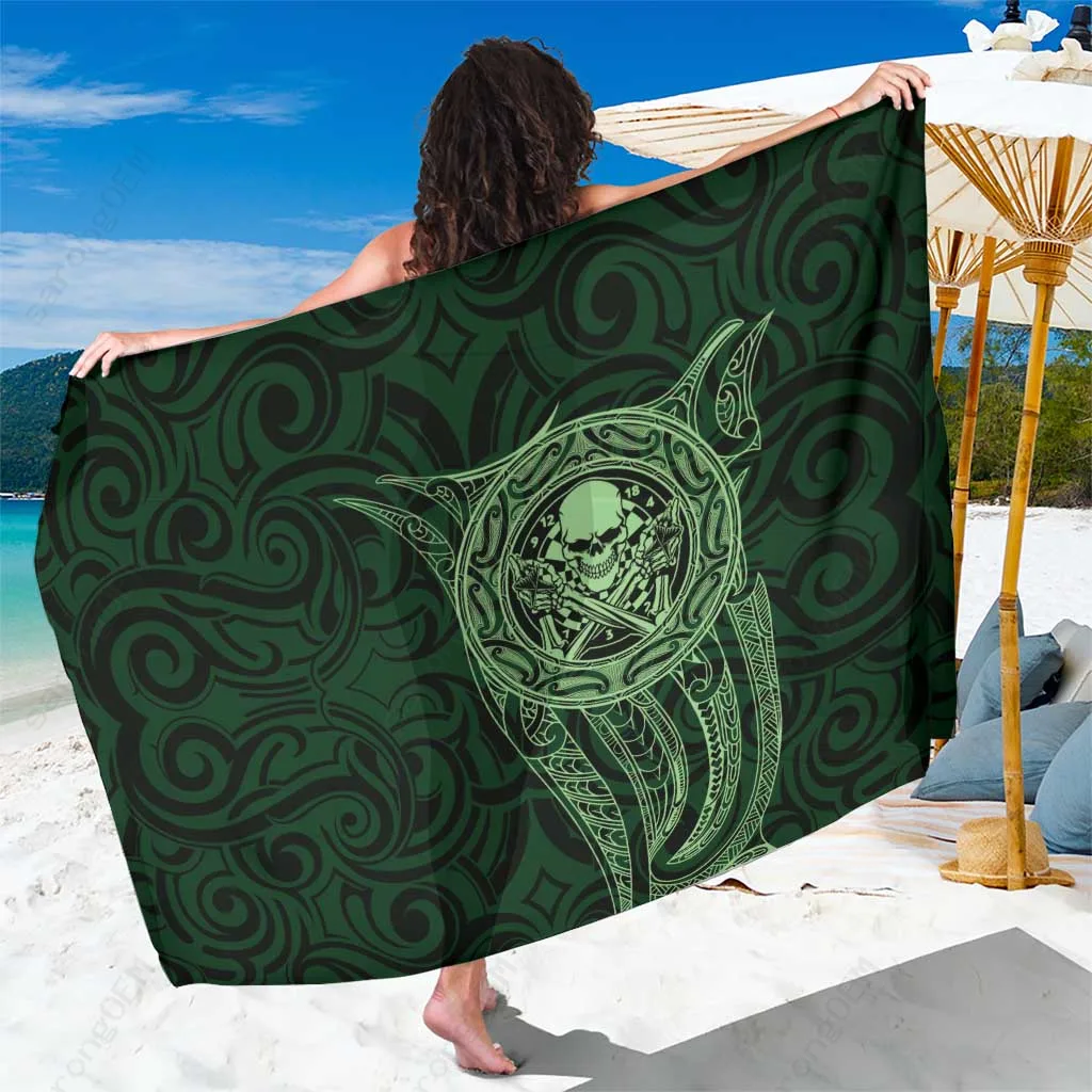 Green Skull Darts Maori Tattoo Stylized Print Sarong Aotearoa Tribal Beach Wrap Wholesale Pareo - main view