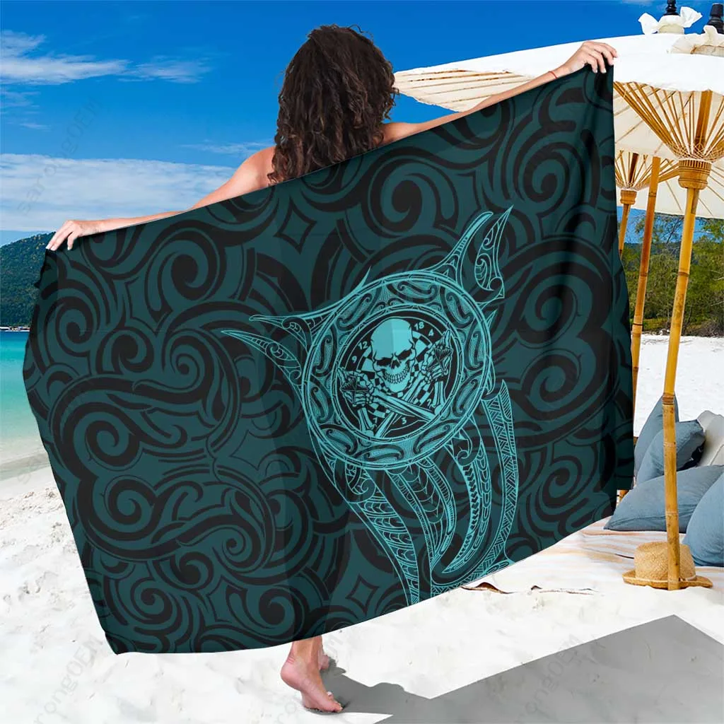 Teal Maori Skull Darts Tattoo Print Sarong Polynesian Style Beach Wrap Wholesale Pareo - main view