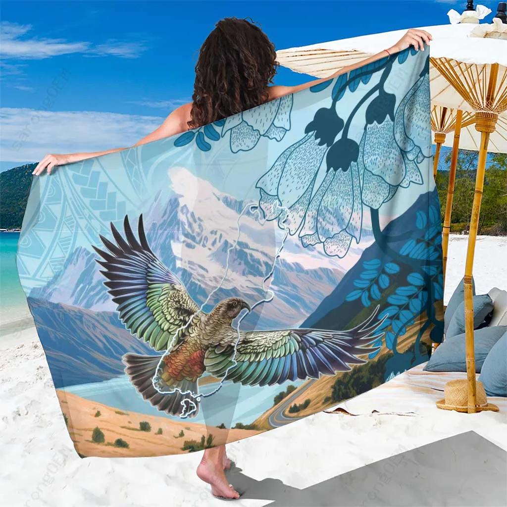 Blue-Green New Zealand South Island Kea Bird Tribal Print Sarong Polynesian Beach Wrap Wholesale Pareo - main view
