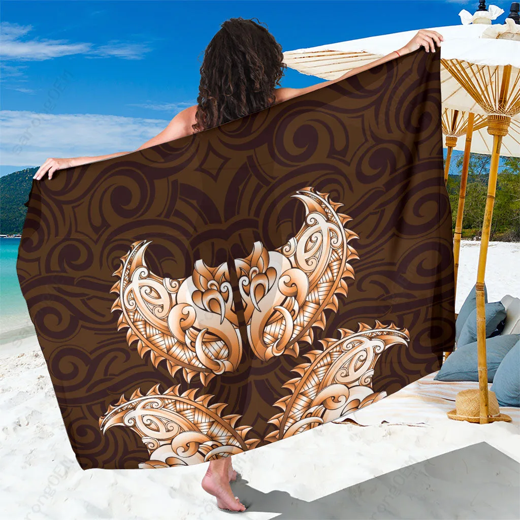 Orange Maori Ta Moko Chest Tattoo Print Sarong Beach Wrap Polynesian Tribal Design Resort Cover Up Wholesale Pareo - main view