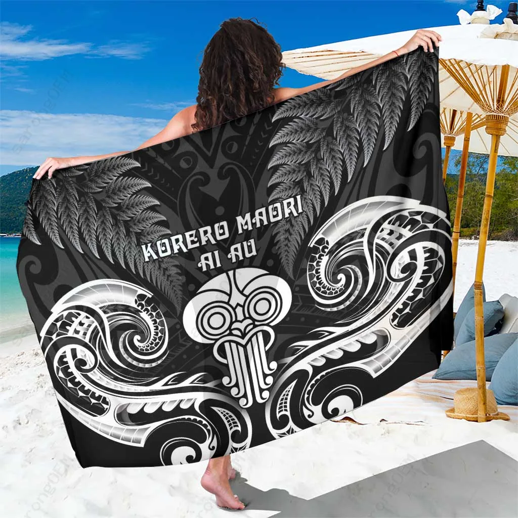 Black Maori Tribal Pattern Print Sarong Polynesian Cultural Beach Wrap Wholesale Pareo - main view